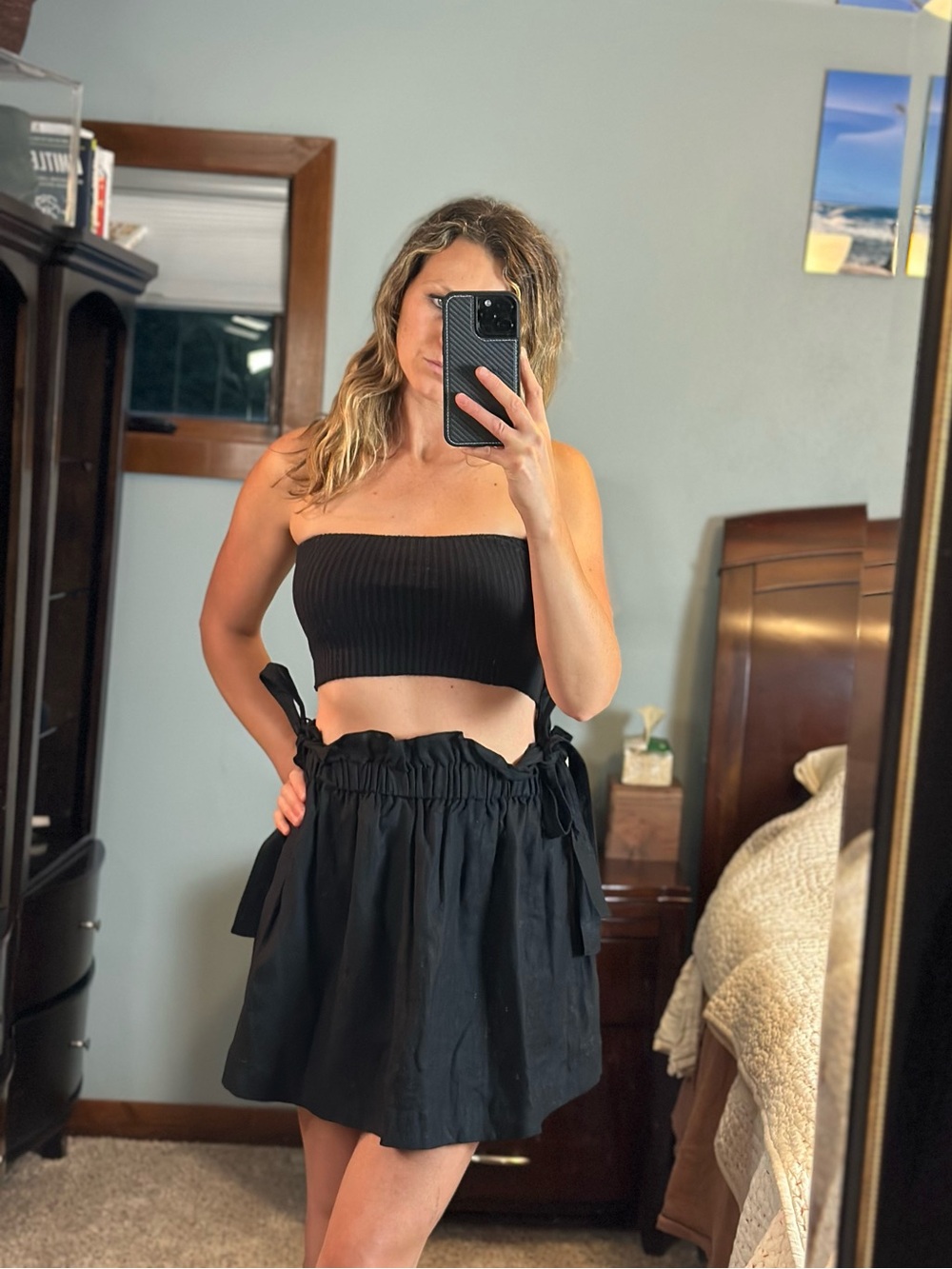 Aje 100% Linen Mini Skirt Black Ruffle Waist Zip Pockets Size M